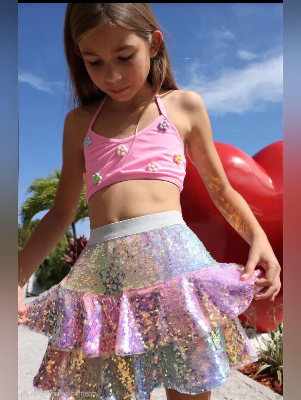 Lola + The Boys Girls 14 Iridescent Sequin Ruffle Skirt Holographic Party